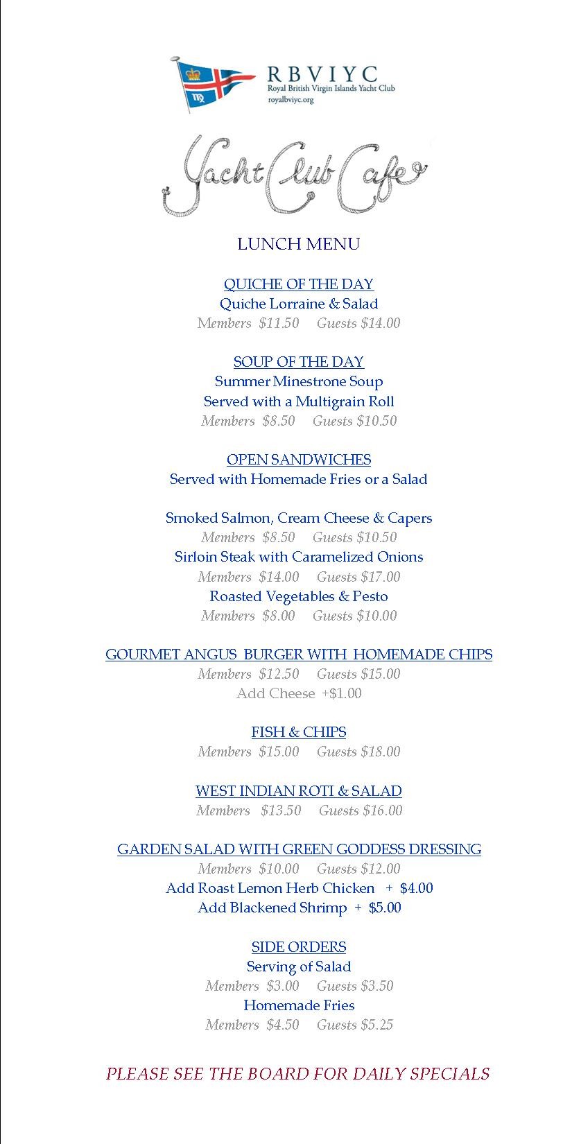 Youth Sailing, The Royal BVI Yacht Club Menu and Merchandise